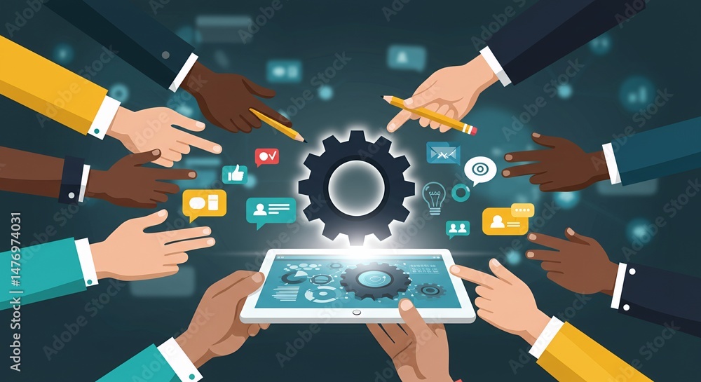 Poster diverse hands collaborating around a digital tablet displaying technology and business icons with a 
