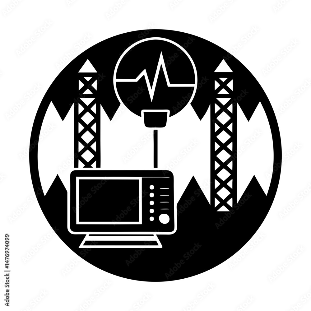 Poster illustration of a monitor with a waveform display connected to towers in a black circle shape