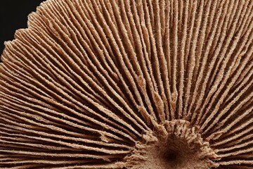 Intricate Mushroom Texture: A detailed macro photograph reveals the delicate, textured gills of a mushroom, highlighting the beauty and complexity found in nature's hidden realms.
