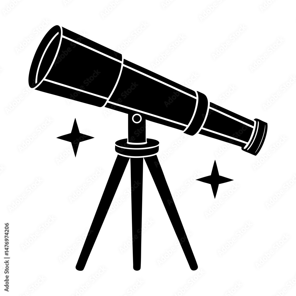 Poster illustration of a black telescope on a tripod with two stars on a white background in vector format