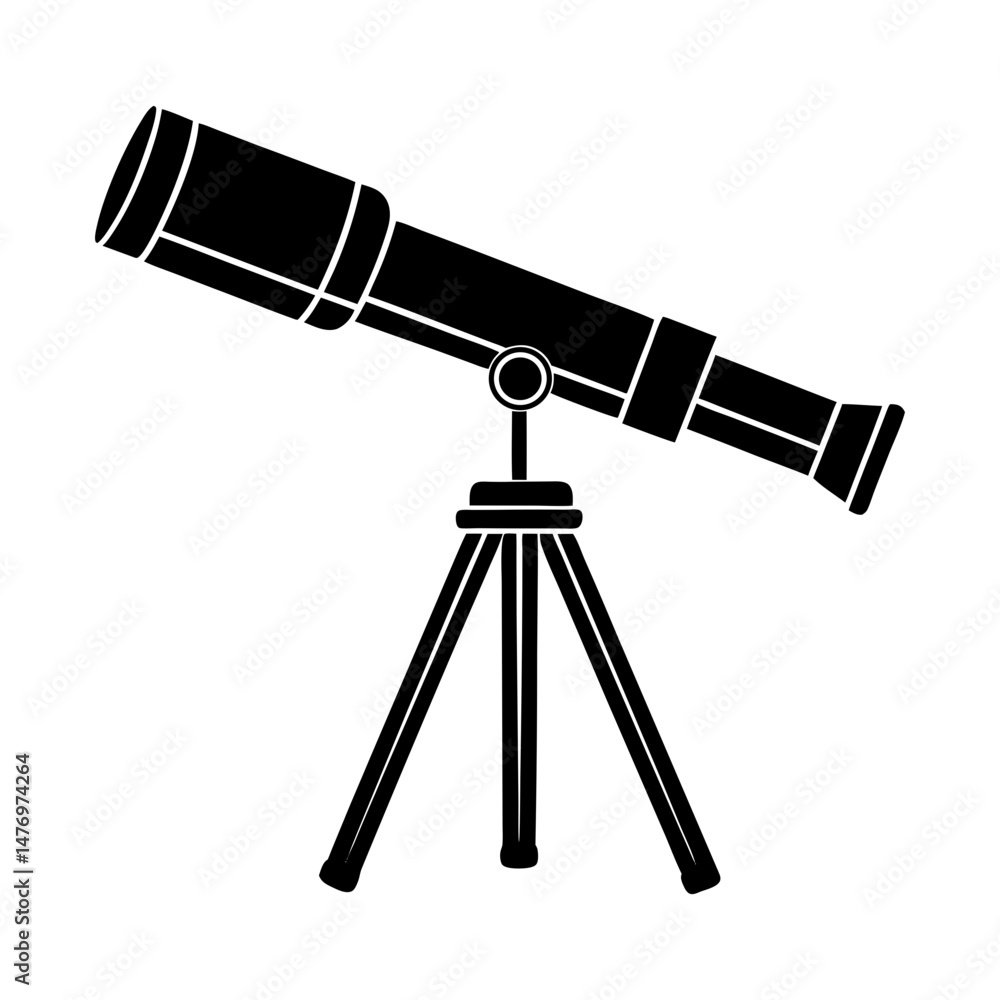 Poster illustration of a black telescope with a tripod stand used for viewing distant objects and astronomi