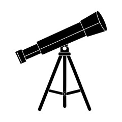 Illustration of a black telescope on a tripod stand for observing stars and celestial objects in the sky