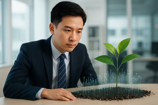 Businessman Observing Growing Plant Digital Technology Sustainable Growth Development Corporate Responsibility Environmental Conservation Eco Friendly Business Innovation Future Planning Strategy     