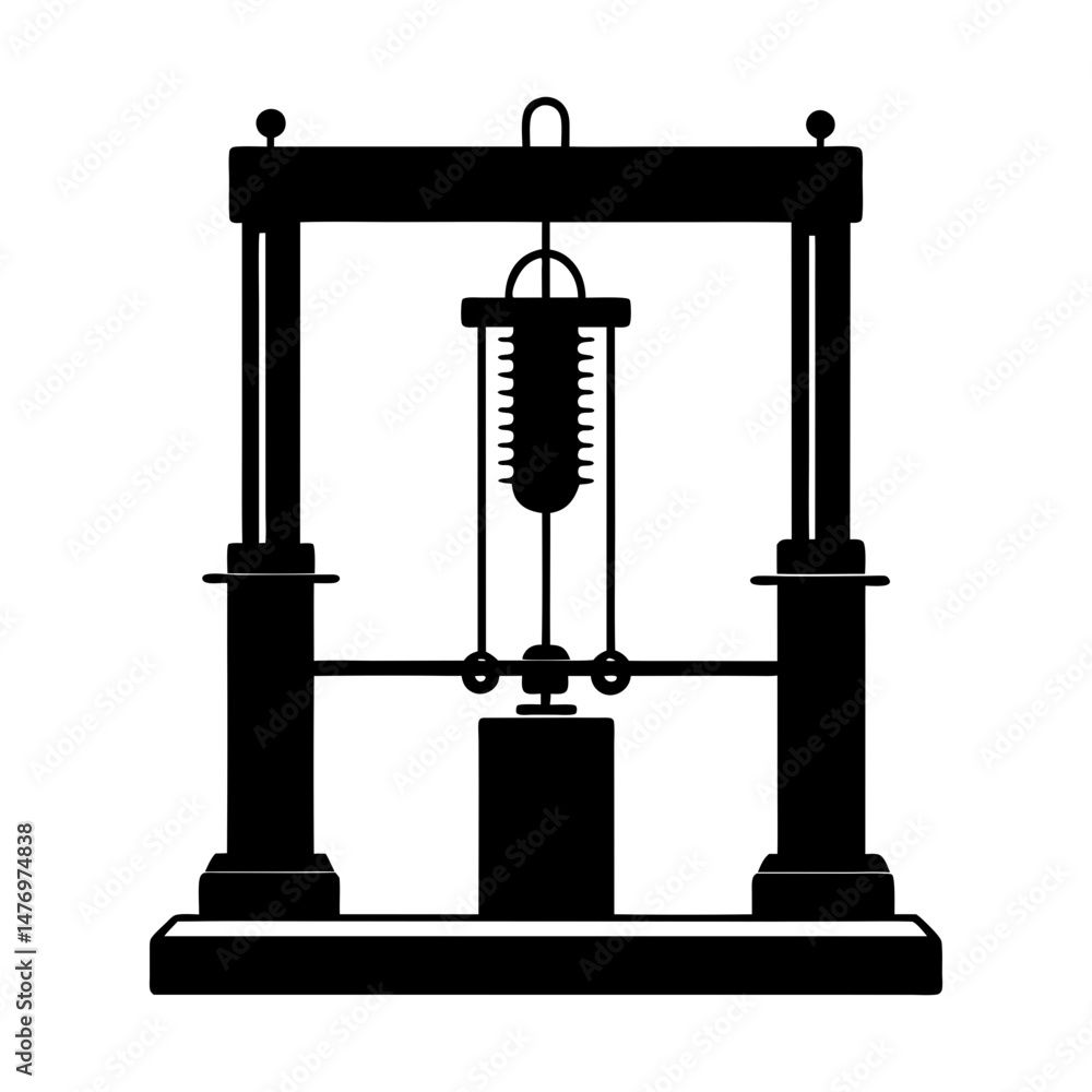 Poster illustration of a black and white compression testing machine with a spring and a weight on a base