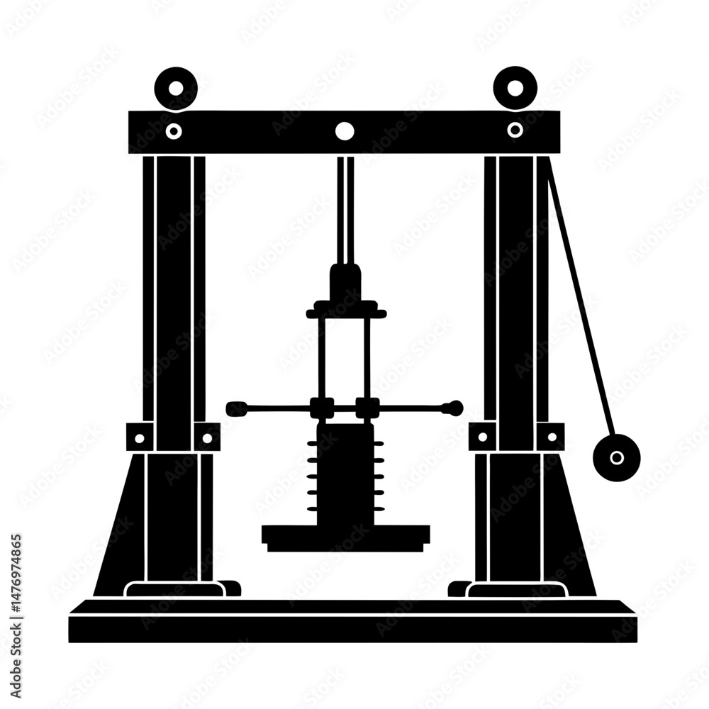 Poster illustration of a mechanical press machine with a weight and vertical support columns design element