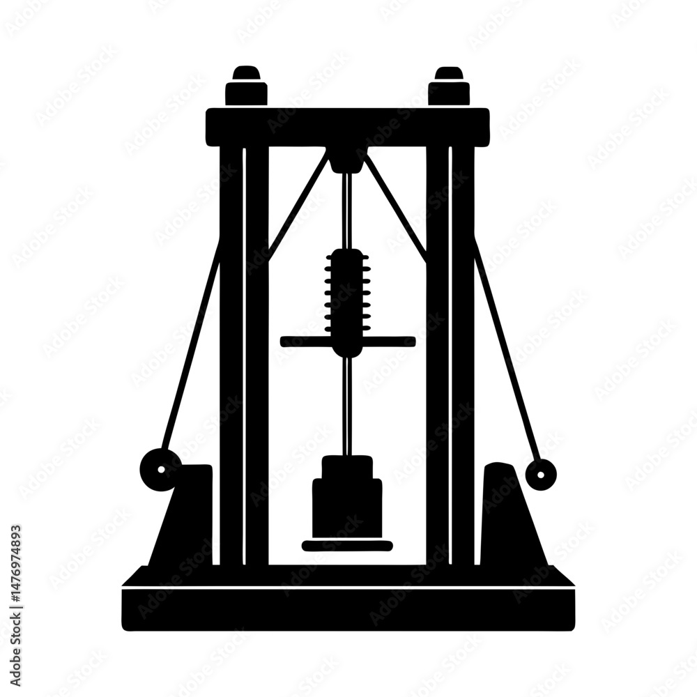 Poster illustration of a complex mechanical device with a spring and hanging weights in black and white