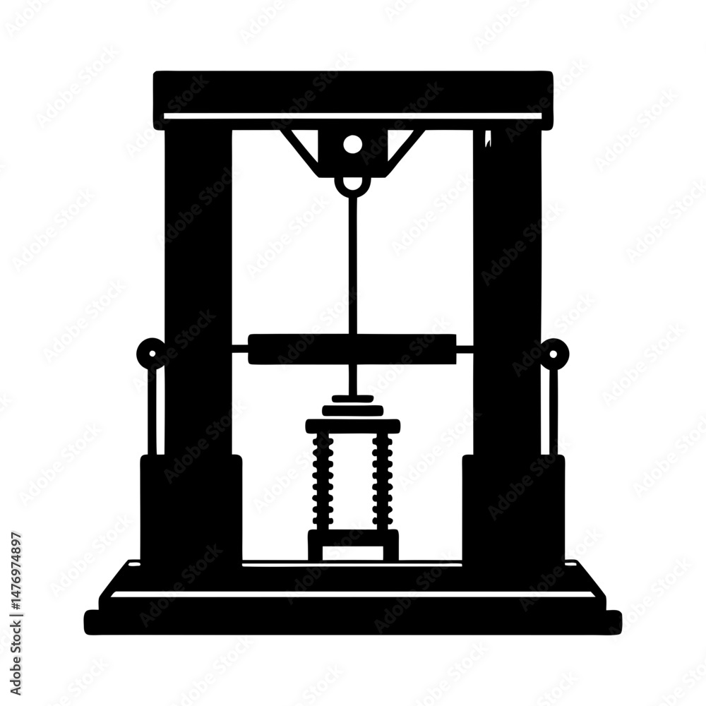 Poster illustration of a black industrial press machine with a spring component in a front view on white ba
