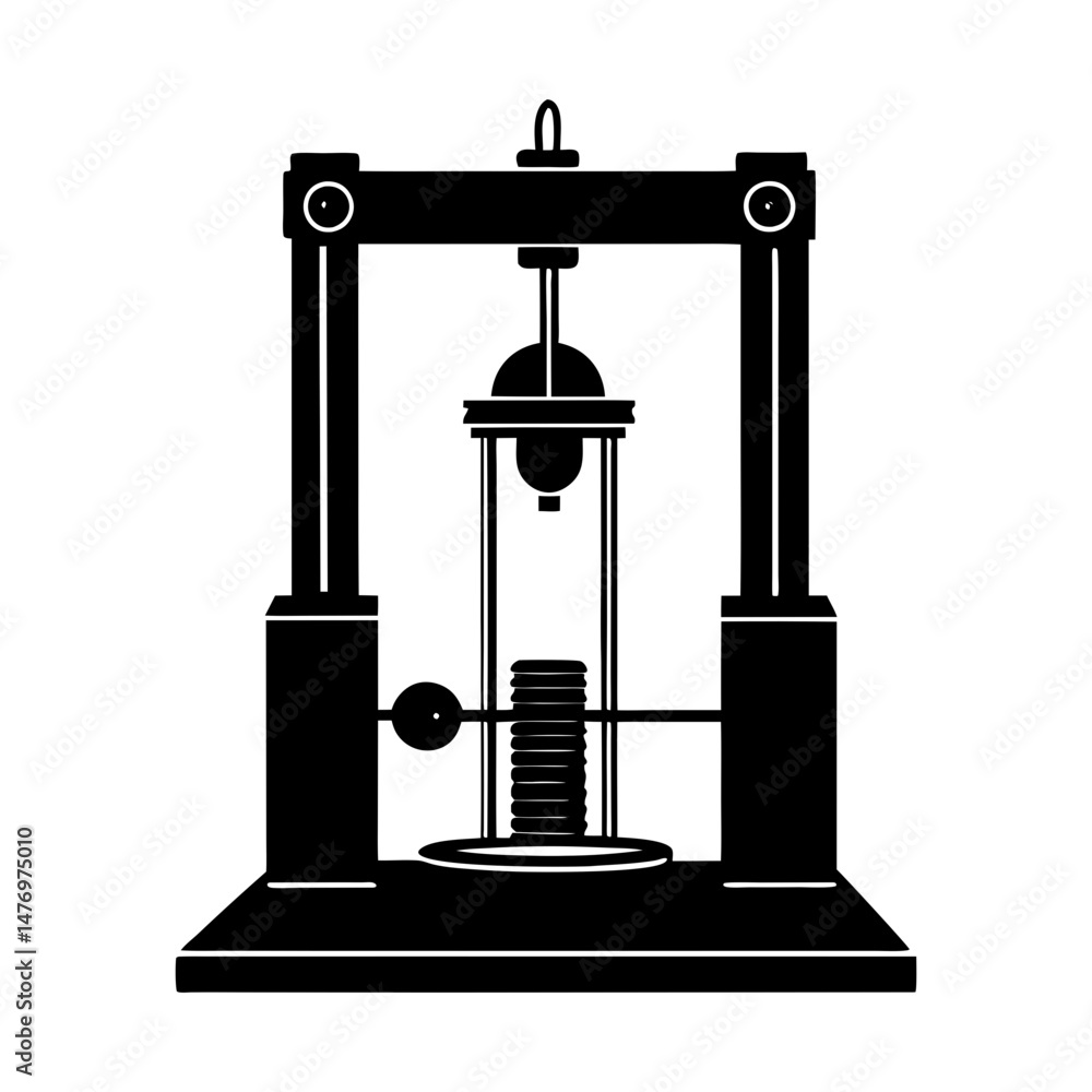 Poster illustration of a compression testing machine with a stack of coins inside the apparatus shown in bl