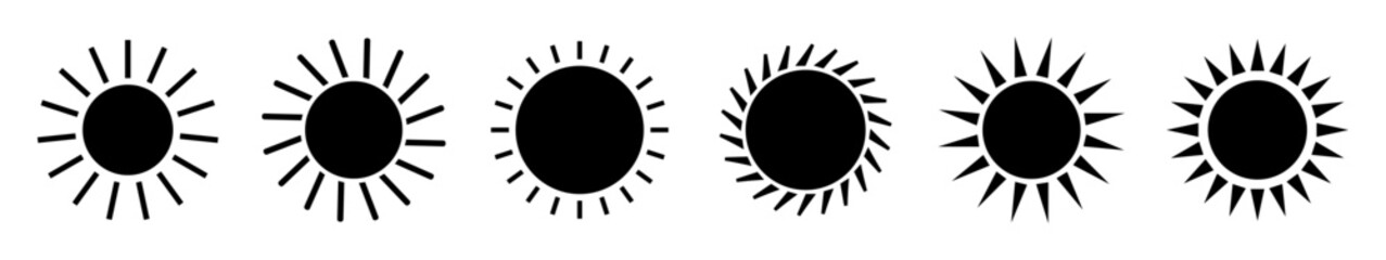 Sun vector icon set of six in black color isolated on white background. Sun silhouette, Simple sun icons collection, sunshine and solar glow, morning, sunrise or sunset. Vector illustration.