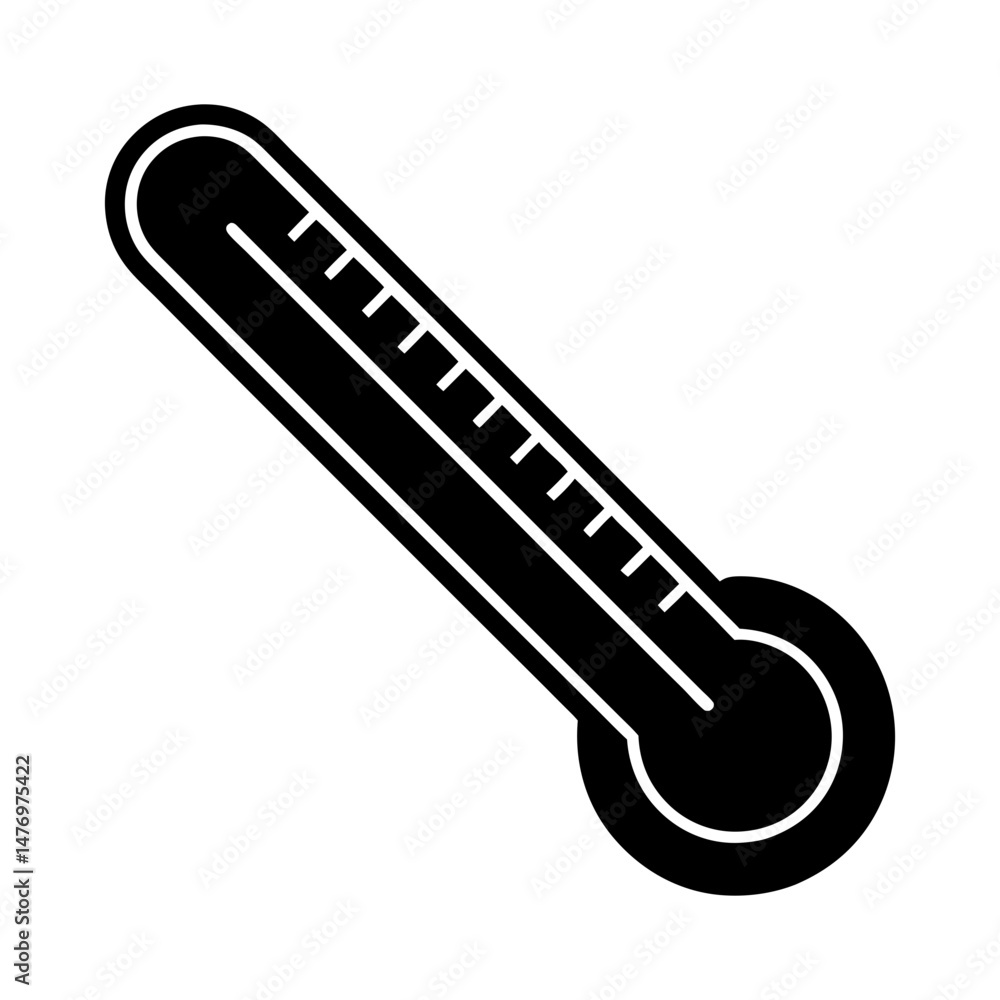 Poster illustration of a black thermometer with visible temperature markings and a rounded bulb end design