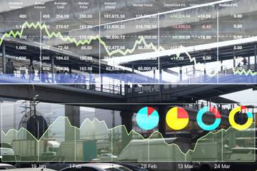 Stock financial data forecast show successful investment in construction and infrastructure industry with graph and chart data diagram to promote urban economy.
