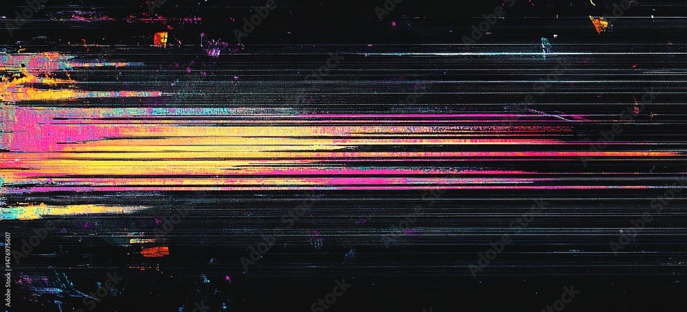 Poster black background with colorful glitch lines and horizontal scan noise.