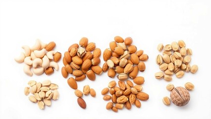 Sortierte Nüsse wie Mandeln, Cashews, Pistazien und Walnüsse nebeneinander auf weißem Hintergrund – gesund und natürlich, ideal für Ernährungsdesigns.