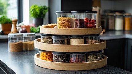 Multi-tiered bamboo spice organizer with various food containers