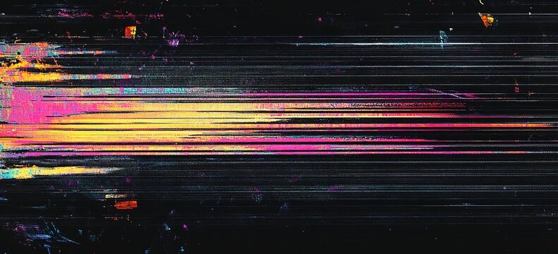 Black background with colorful glitch lines and horizontal scan noise.