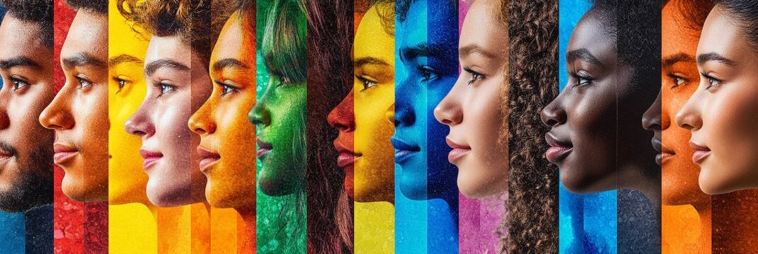Vibrant mosaic of diverse human profiles showcasing a spectrum of skin tones, ethnicities, and colors representing unity, diversity, and the beautiful complexity of human identity.