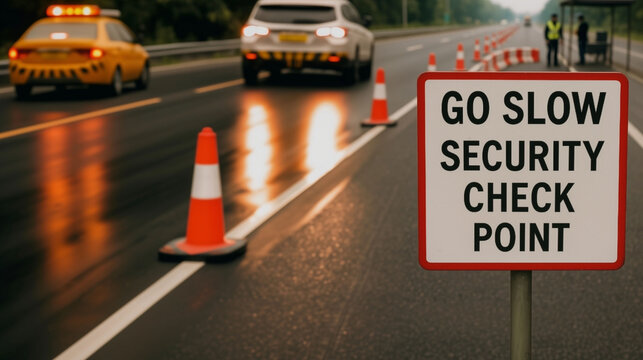 Security Checkpoint go slow warning sign at highway road with security personal officer snap checking of vehicles