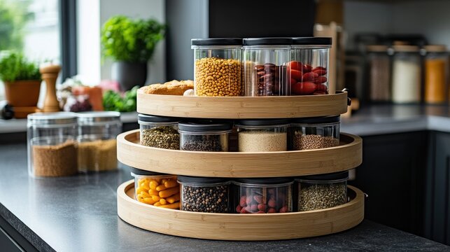Multi-tiered bamboo spice organizer with various food containers
