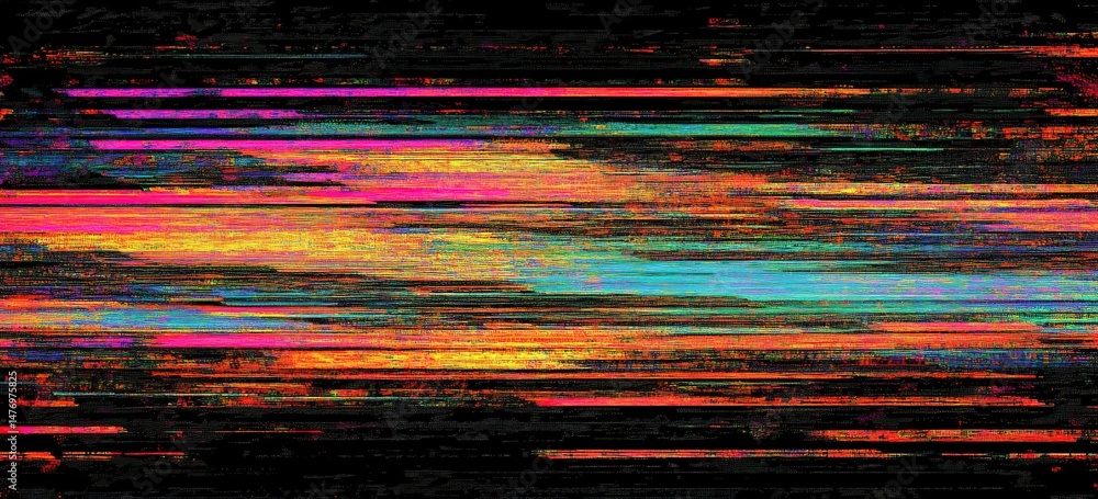 Poster black background with colorful glitch lines and horizontal scan noise.