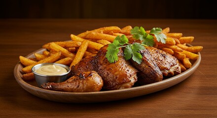 Grilled Chicken Pieces with French Fries and Mustard