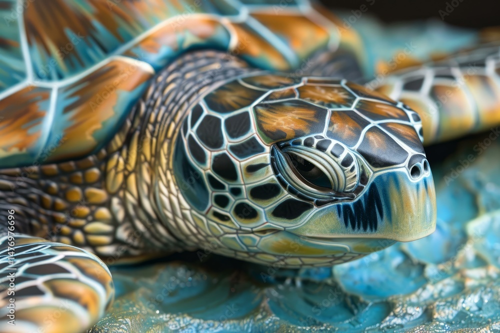 Poster close up of a sea turtle with intricate shell patterns resting on a colorful ocean floor, showcasing