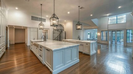Luxurious kitchen, marble island, hardwood floors, elegant lighting
