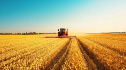 Fototapeta premium A combine harvester is working in a field of golden wheat. The image captures a classic scene of agricultural labor.
