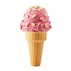 A delicious pink ice cream cone topped with almond slices, set against a plain background