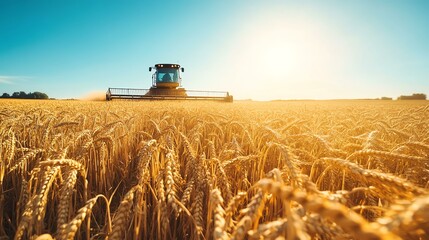 Fototapeta premium A combine harvester is working in a vast wheat field. The scene depicts agricultural machinery within a field of golden wheat.