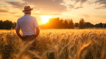 A man stands amidst a golden field of ripe wheat. The scene evokes a sense of rural tranquility.
