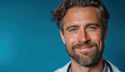 Obraz premium Portrait of a smiling Caucasian male doctor against a teal background. He's wearing a white coat and has a neatly groomed beard. The image conveys a sense of professionalism and trustworthiness.