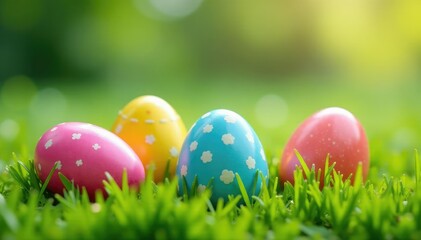 Colorful Easter eggs hidden in spring grass, ready for a hunt , vibrant, painted, eggs