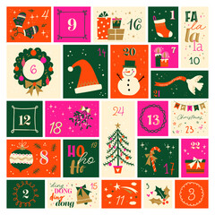 Cute hand drawn Christmas advent calendar. Lovely doodle drawings, vector design