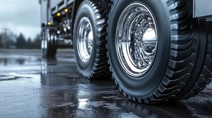 A close-up of the wheels of a large truck on a wet road, with another truck in the background.