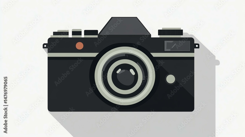 Poster a camera sits with a long shadow cast alongside it. the shadow emphasizes the camera's form.