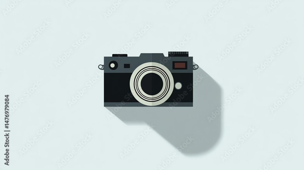 Poster a camera sits with its shadow cast upon the wall. the image captures a simple composition of the cam