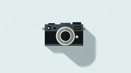 A camera sits with its shadow cast upon the wall. The image captures a simple composition of the camera and its corresponding shadow.