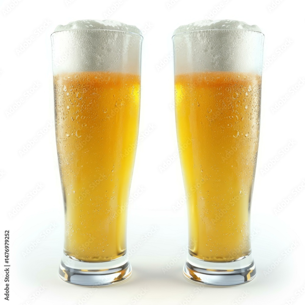 Poster refreshing golden beer in tall glasses, creating a thirst quenching image perfect for beverage relat