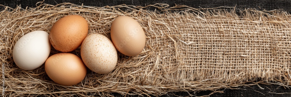 Poster organic eggs arranged on a straw mat with ample clear space on the left, showcasing natural textures