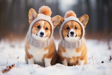 Two cute corgi puppies wearing warm winter hats are sitting in the snow