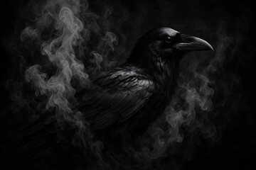 Raven in Smoke: Simple Composition, Monochrome Bird Art