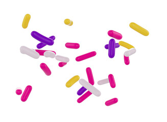 Bright and colorful candy sprinkles scattered and floating in mid-air, 3d illustration