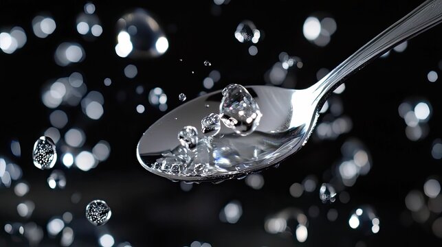 Sparkling water droplets on a silver spoon