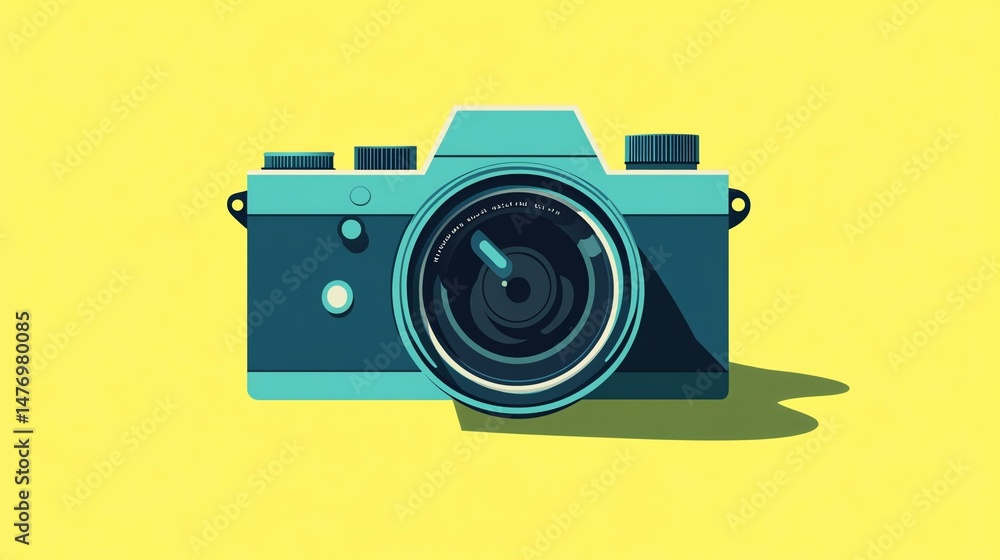 Poster a camera is prominently displayed against a yellow background. the image focuses on the camera itsel