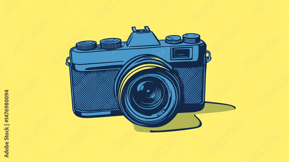Poster a camera is prominently displayed against a yellow background. the image focuses on the camera itsel