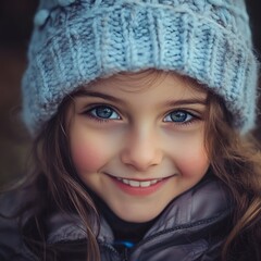Young girl with blue eyes wearing a winter hat poses looking at camera, radiating happiness and childhood joy.