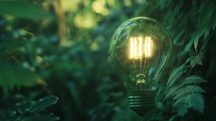 Glowing lightbulb nestled in lush green foliage, symbolizing sustainable energy and eco-friendly innovation.