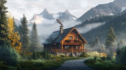 Fototapeta premium Secluded log cabin nestled in a misty forest landscape near snow-capped peaks.