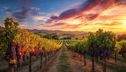 Naklejka premium Sunset vineyard with rows of grapevines and colorful sky.