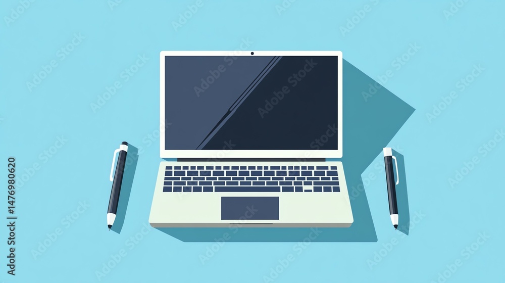 Poster a laptop sits with a pen and notebook resting on its surface. it appears to be a workspace setup.